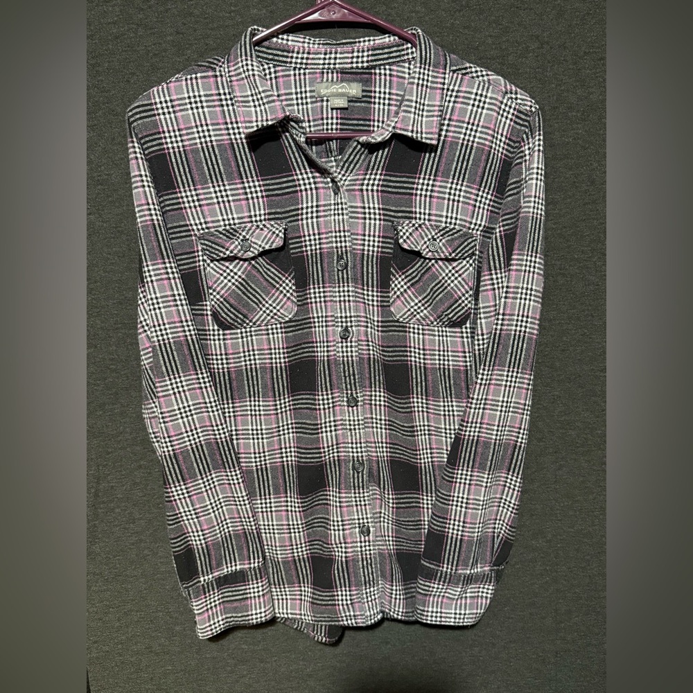 Eddie Bauer Black and Pink Plaid Women's Button Down Shirt